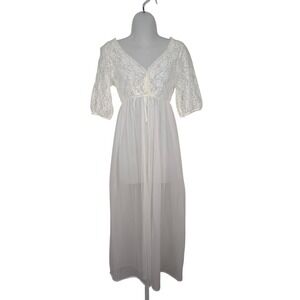Sm Med Vintage 60s 70s Berkliff Peignoir Robe Off White Lace Nylon Nightgown